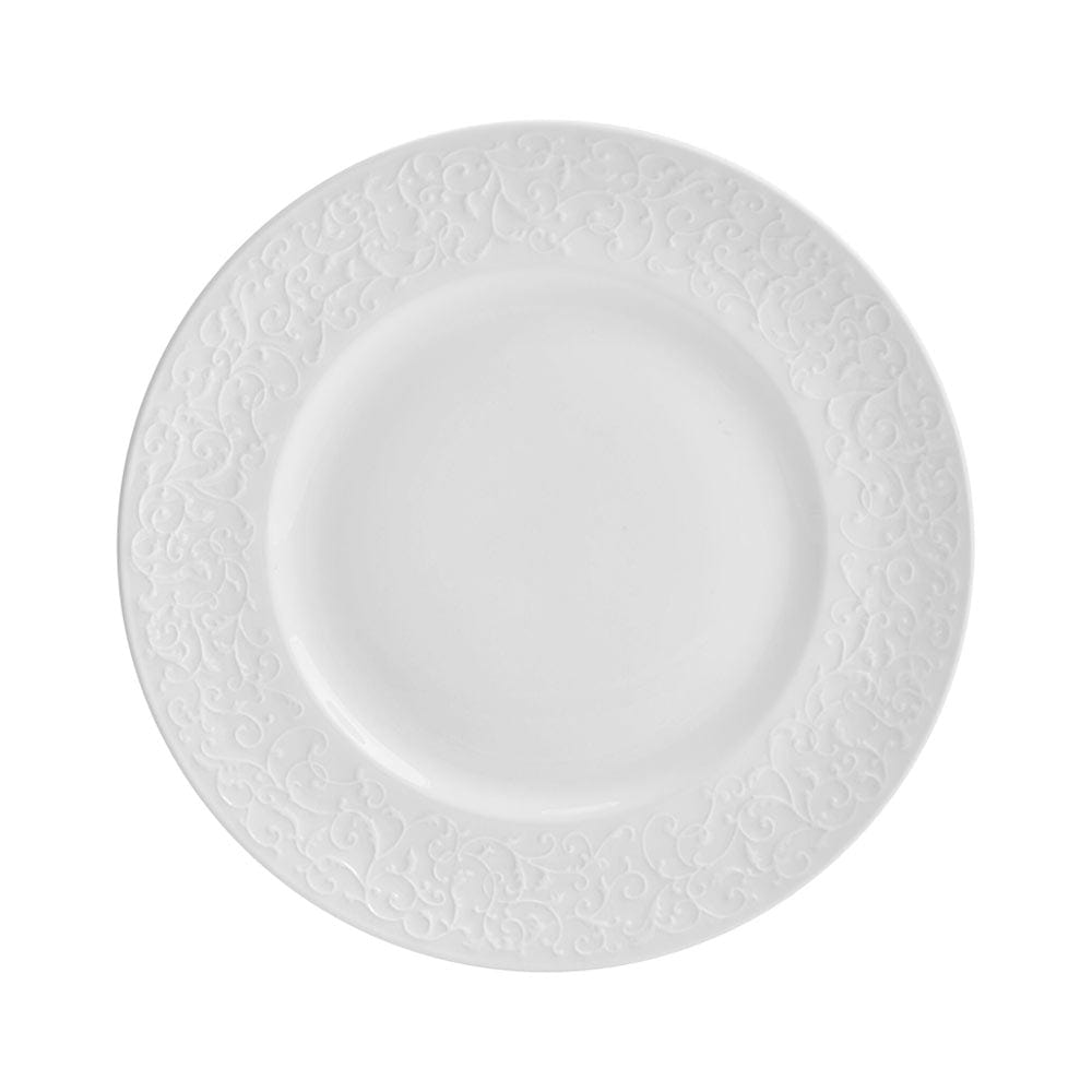 Parchment white bowl with embossed scrolling pattern around the outer rim