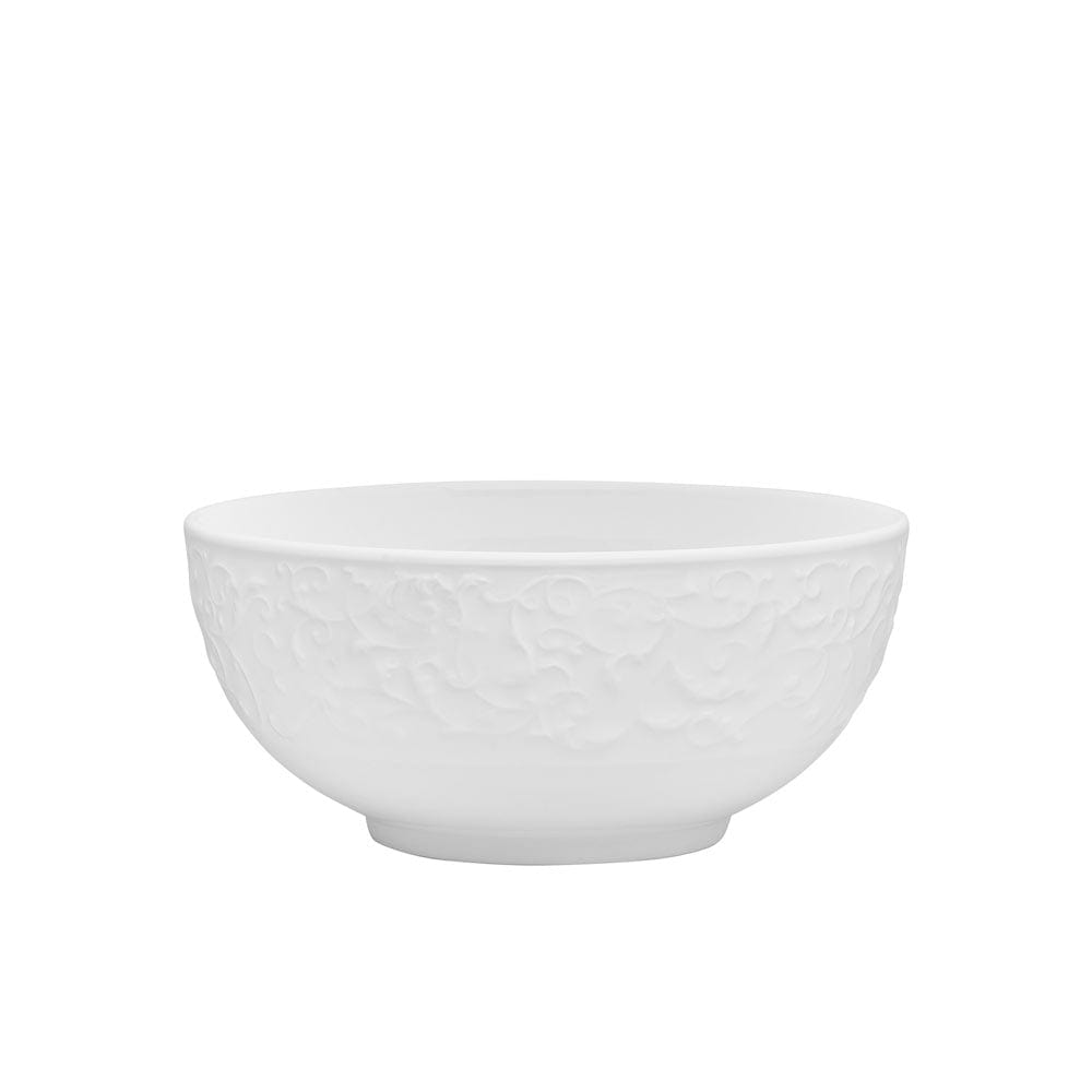 Deep parchment white bowl with embossed scrolling pattern along the exterior
