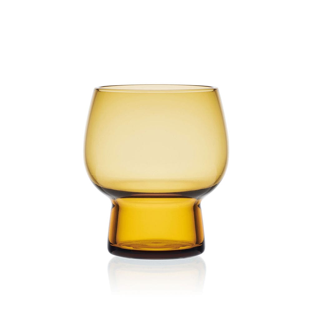 Close up of a Phoebe Amber double old fashioned glass on a white background