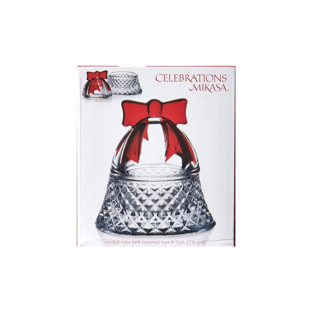 Box packaging showing Rejoice crystal ruby bell covered box with red bow on a white background