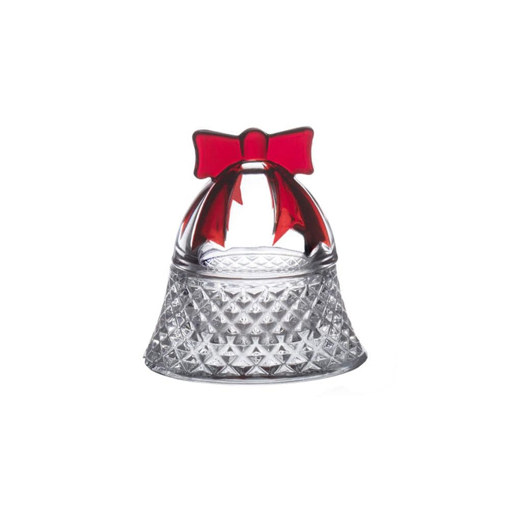 Crystal bell jar with a red bow on top and diamond patterned base
