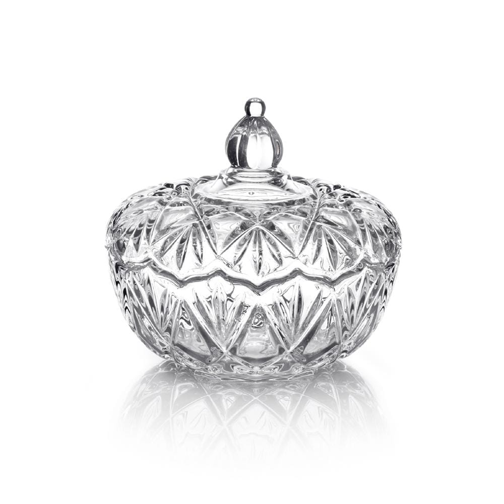 Saturn Glass Covered Candy Dish in clear cut crystal with decorative lid knob