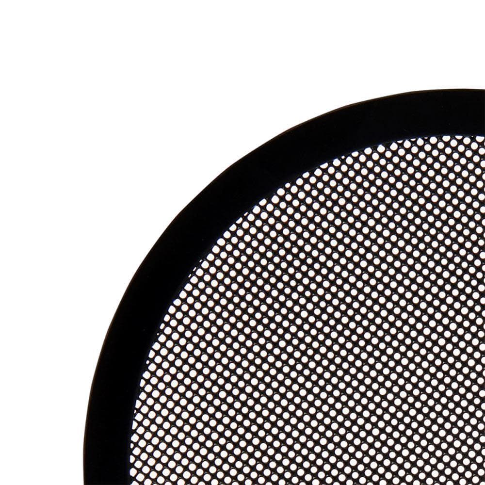 Close-up of a round black mesh drink cover with perforated surface.