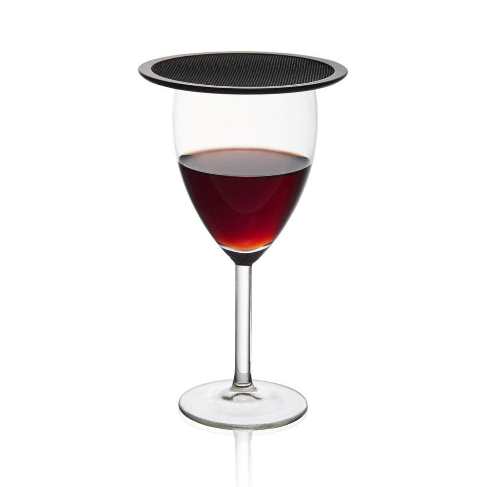 Wine glass with burgundy wine topped by a round black mesh drink cover.