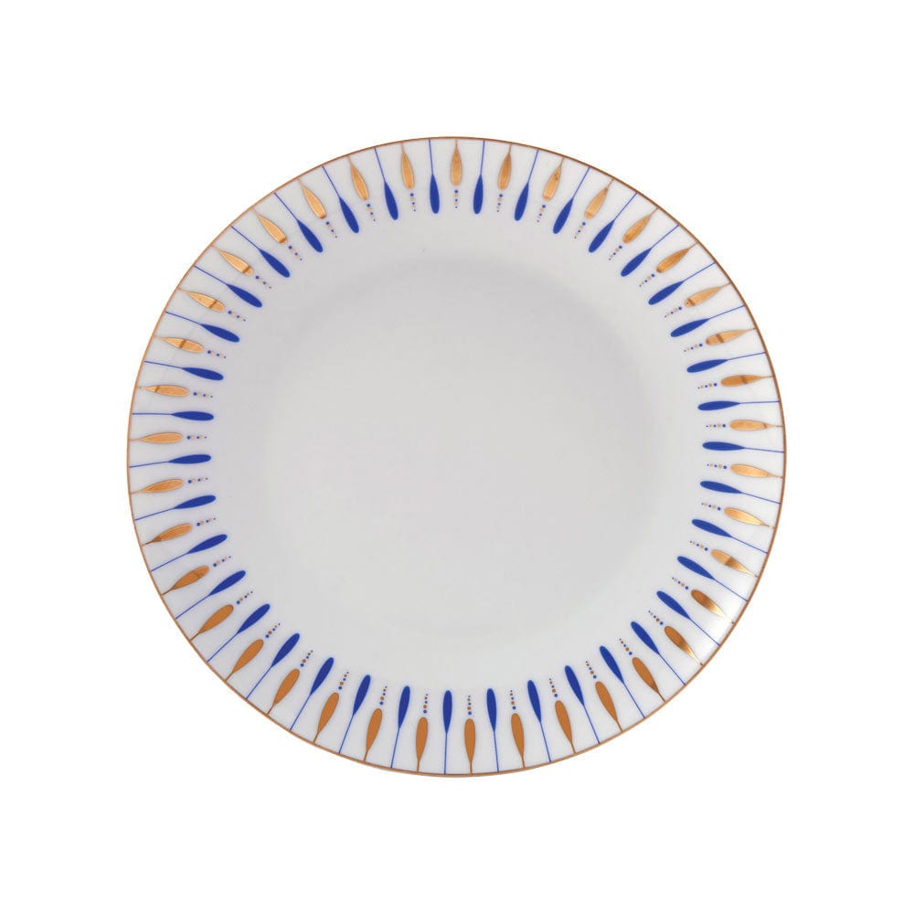 Top view of Starburst Blue dinner plate with blue and gold teardrop border