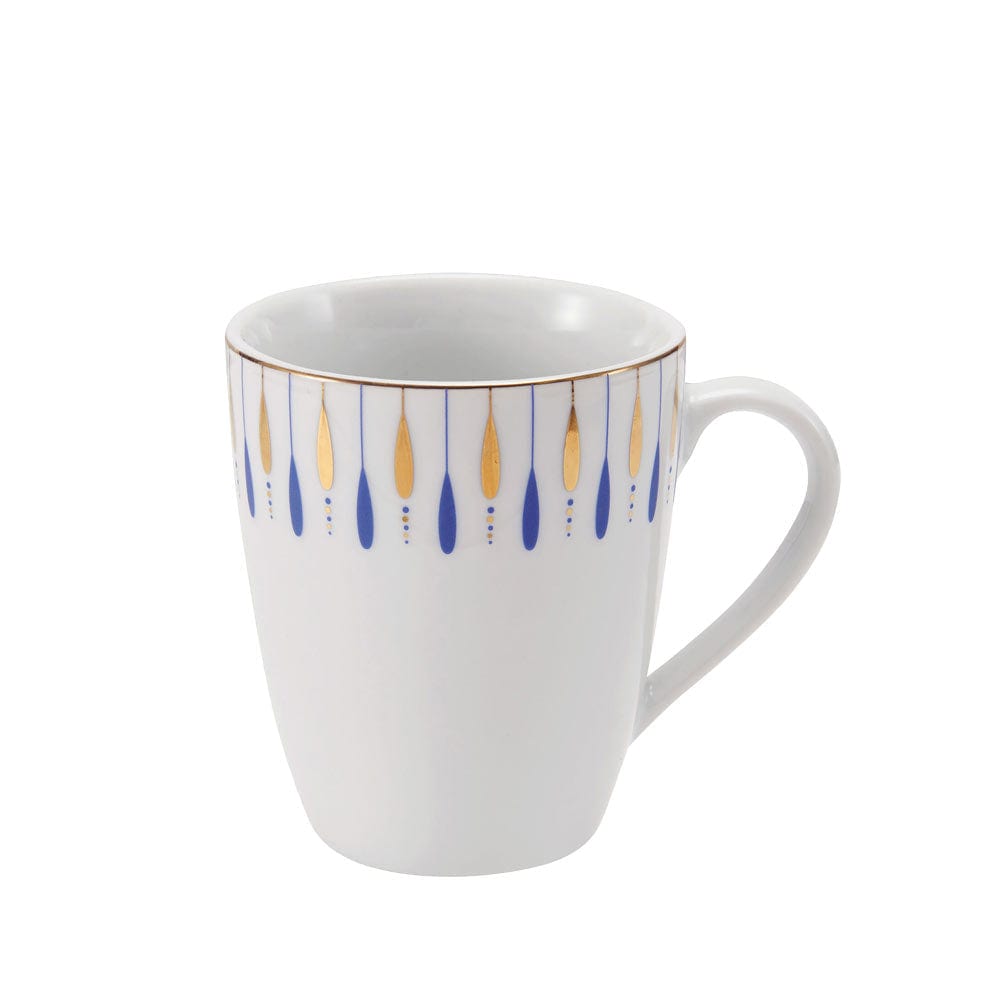 Side view of white mug with Starburst Blue border of blue teardrops and gold accents near the rim