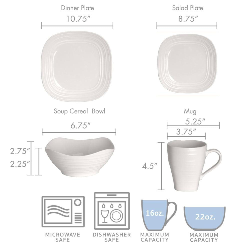 Swirl White Square 16 piece dinnerware set for four with square dinner and salad plates bowls and mugs