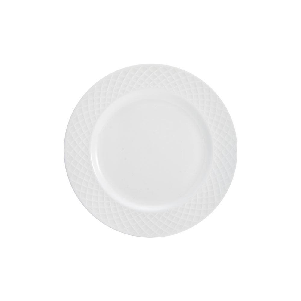 Close up of a Trellis White plate showing the diamond lattice edge and smooth center.