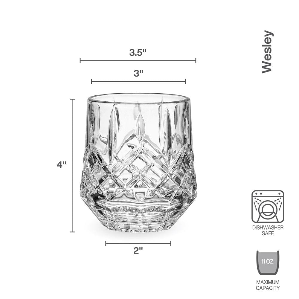 Crystal Wesley double old fashioned whiskey glass with a faceted cut pattern.